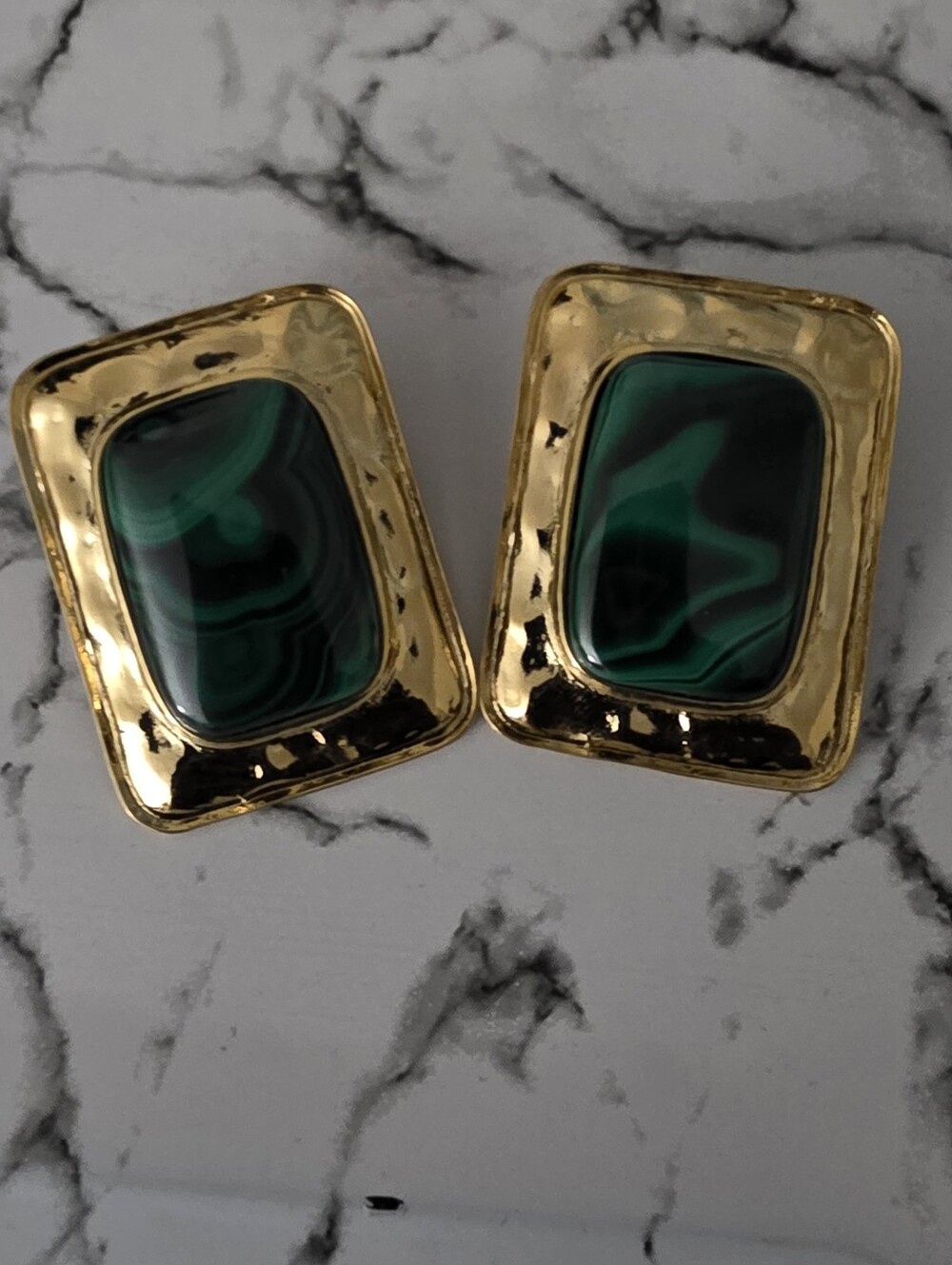 Gold-Tone Earrings with Green Marbled Stone Inset